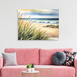 Watercolor Beach Grass and Ocean Scene Canvas Print
