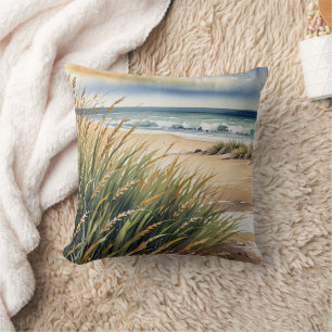 Watercolor Beach Grass and Ocean Scene Cushion