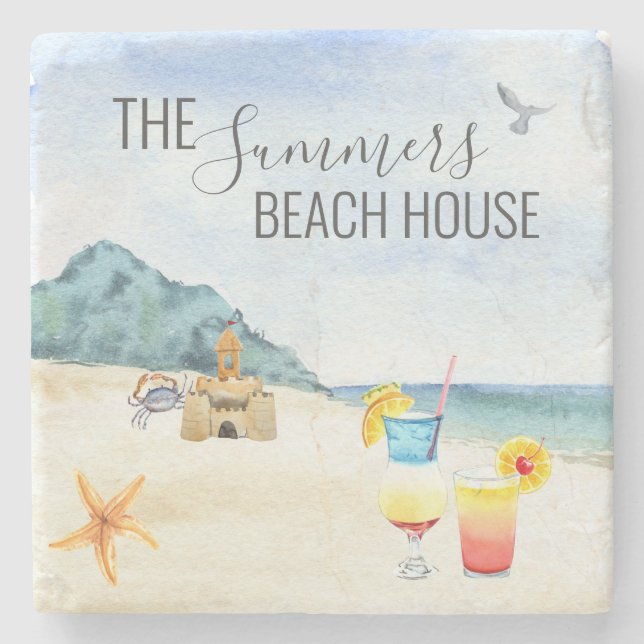 Watercolor Beach House Cocktail Sea Personalised Stone Coaster (Front)