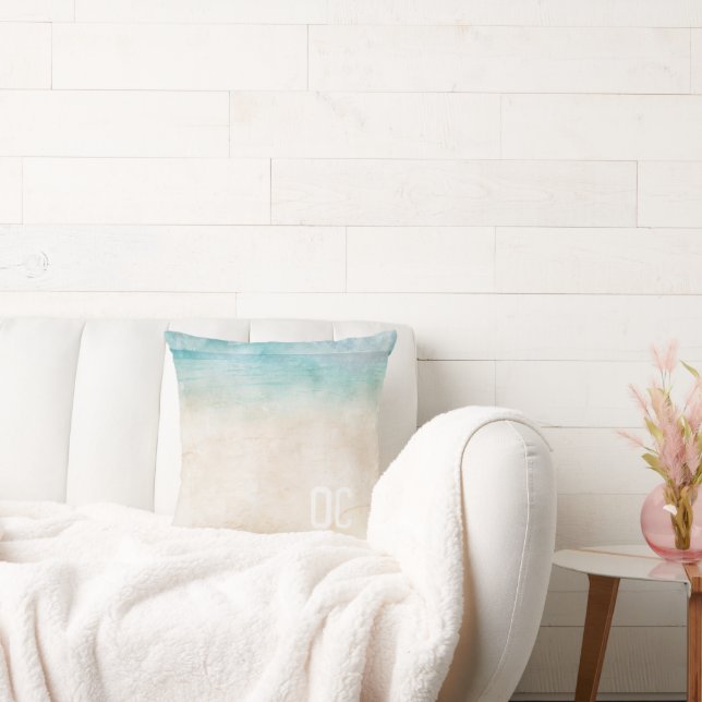 Watercolor Beach INITIALS Ocean Water Sand Travel  Cushion (Couch)