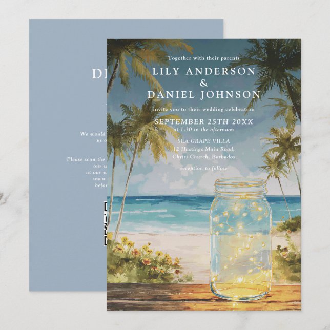 Watercolor Beach Mason Jar QR Code Wedding Invitation (Front/Back)