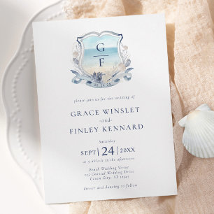 Watercolor Beach Monogram Crest Wedding Invitation