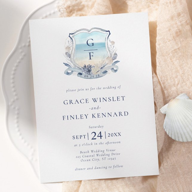 Watercolor Beach Monogram Crest Wedding Invitation (Creator Uploaded)