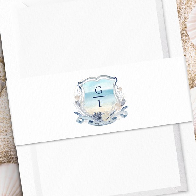 Watercolor Beach Monogram Wedding Crest Invitation Belly Band (Creator Uploaded)