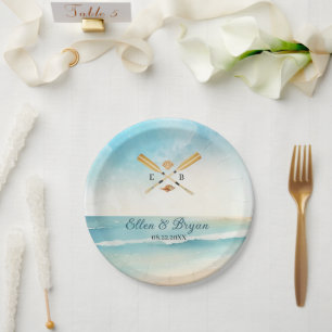 Watercolor Beach Oars Wedding Paper Plate