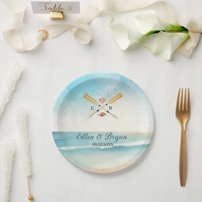 Watercolor Beach Oars Wedding Paper Plate (Wedding)
