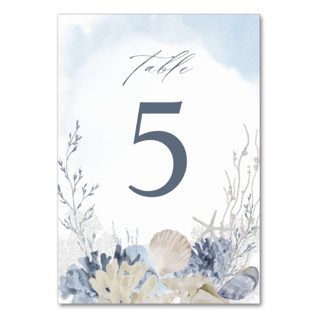 Watercolor Beach Ocean Blue Boho Wedding Table Number (Front)