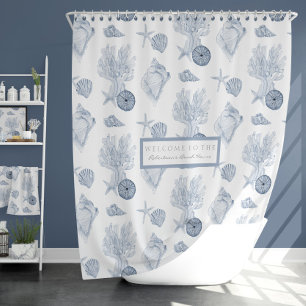 Watercolor Beach Ocean Coral Starfish Blue n White Shower Curtain