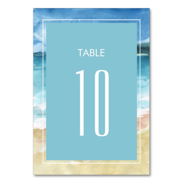 Watercolor Beach Ocean Destination Wedding Table Number (Front)