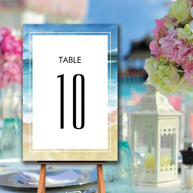 Watercolor Beach Ocean Destination Wedding Table Number (Creator Uploaded)