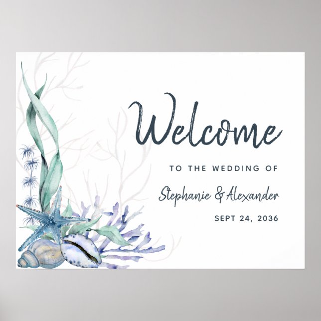 Watercolor Beach Ocean Horizontal Wedding Welcome Poster (Front)