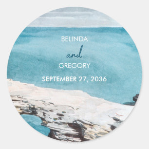 Watercolor Beach Ocean Waves Monogram Wedding Classic Round Sticker