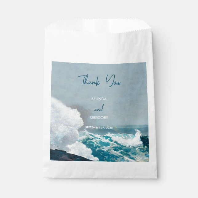 Watercolor Beach Ocean Waves Monogram Wedding Favour Bags (Front)