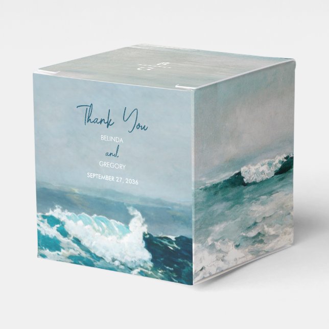 Watercolor Beach Ocean Waves Monogram Wedding Favour Box (Front Side)