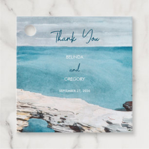 Watercolor Beach Ocean Waves Monogram Wedding Favour Tags