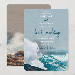 Watercolor Beach Ocean Waves Monogram Wedding Invitation