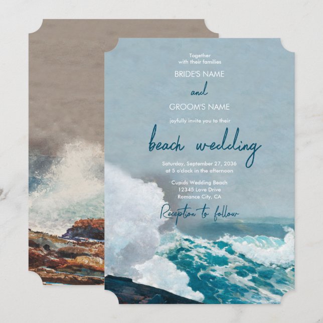 Watercolor Beach Ocean Waves Monogram Wedding Invitation (Front/Back)