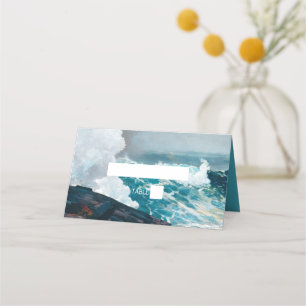 Watercolor Beach Ocean Waves Monogram Wedding Place Card