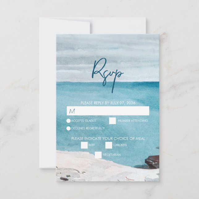 Watercolor Beach Ocean Waves Monogram Wedding  RSVP Card (Front)