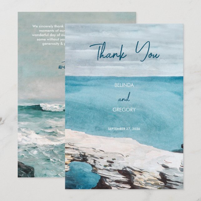 Watercolor Beach Ocean Waves Monogram Wedding   Thank You Card (Front/Back)