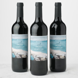 Watercolor Beach Ocean Waves Monogram Wedding  Wine Label