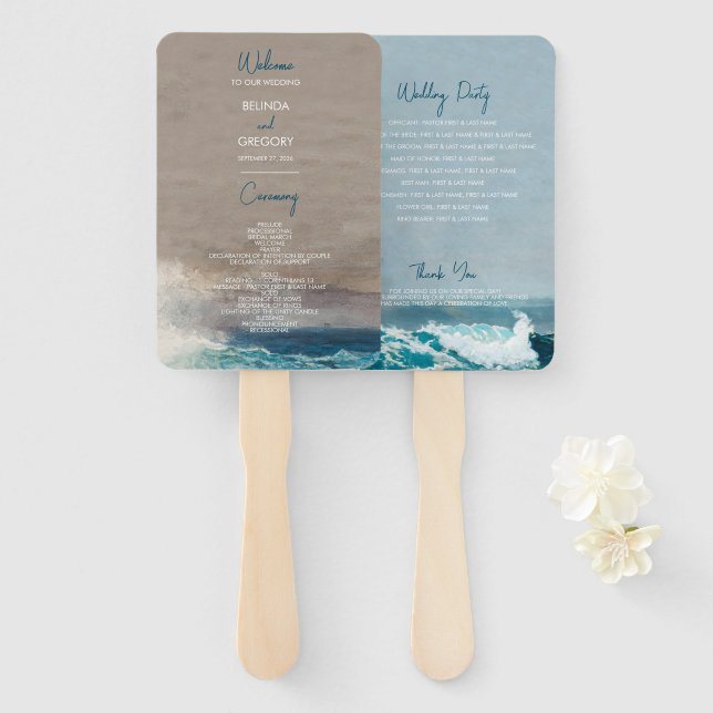 Watercolor Beach Ocean Waves Wedding Program  Hand Fan (Front and Back)