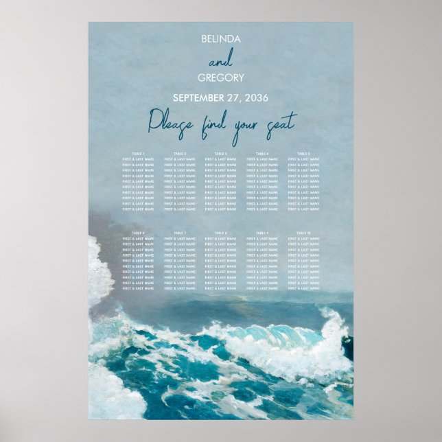 Watercolor Beach Ocean Waves Wedding Seating Chart (Front)