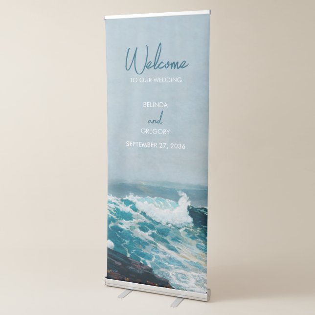 Watercolor Beach Ocean Waves Wedding Welcome Sign (3/4)