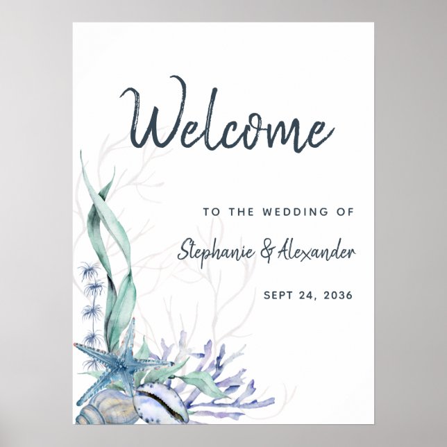 Watercolor Beach Ocean Wedding Welcome Poster (Front)