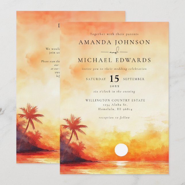 Watercolor Beach Orange Sunset QR Code Wedding Invitation (Front/Back)