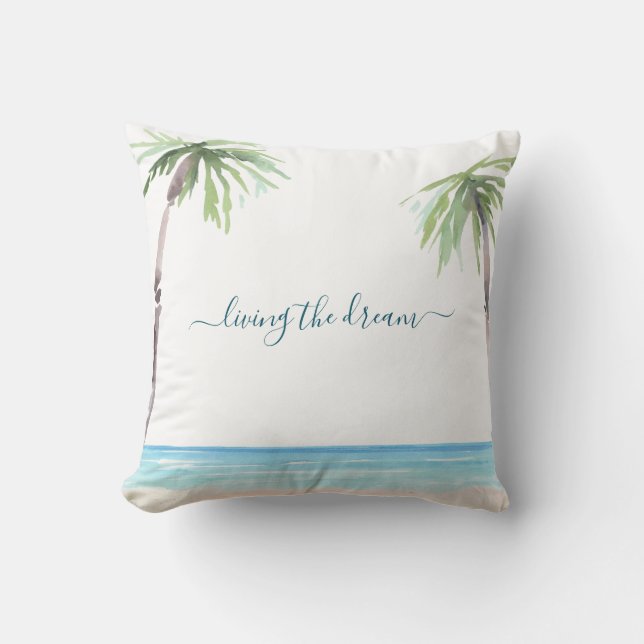 Watercolor Beach Palm Living the Dream Monogram Cushion (Front)