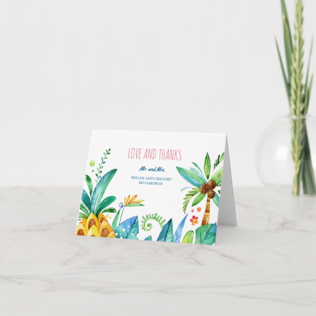 watercolor beach palms pineapple wedding thank you (Front)