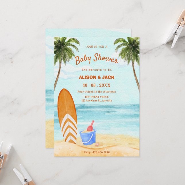 Watercolor beach paradise baby shower invitation (Front/Back In Situ)