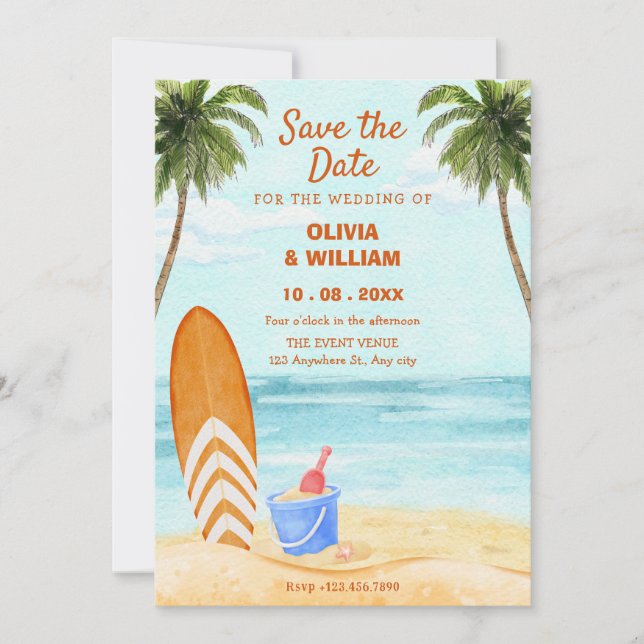 Watercolor beach paradise wedding save the date (Front)