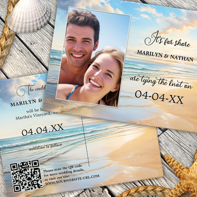 Watercolor Beach Photo QR Save the Date Postcard (Save the Date postcard featuring your photo framed by a watercolor painting of the beach - QR code)