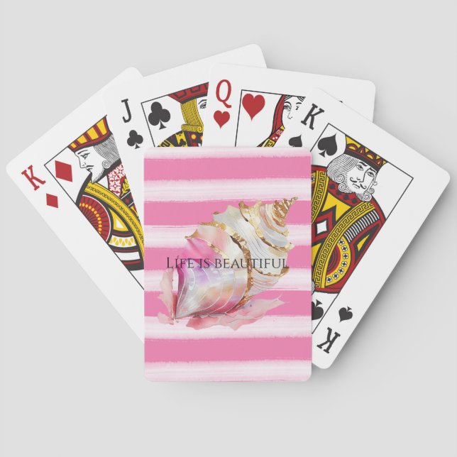 Watercolor Beach Pink Stripes Gold Shell Playing Cards (Back)