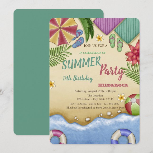 Watercolor Beach Relax Birthday Invitation (Front/Back)