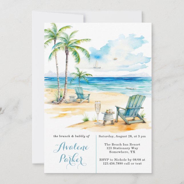 Watercolor Beach Scene Brunch & Bubbly Invitation (Front)