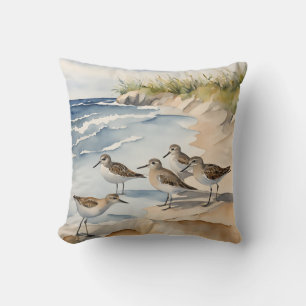 Watercolor Beach Scene Sandpipers Sea Birds Cushion