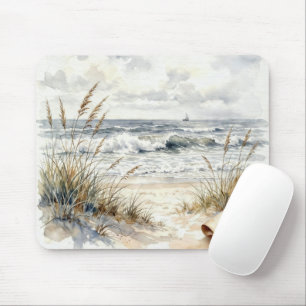 Watercolor Beach Scene with Curled Page Mouse Mat