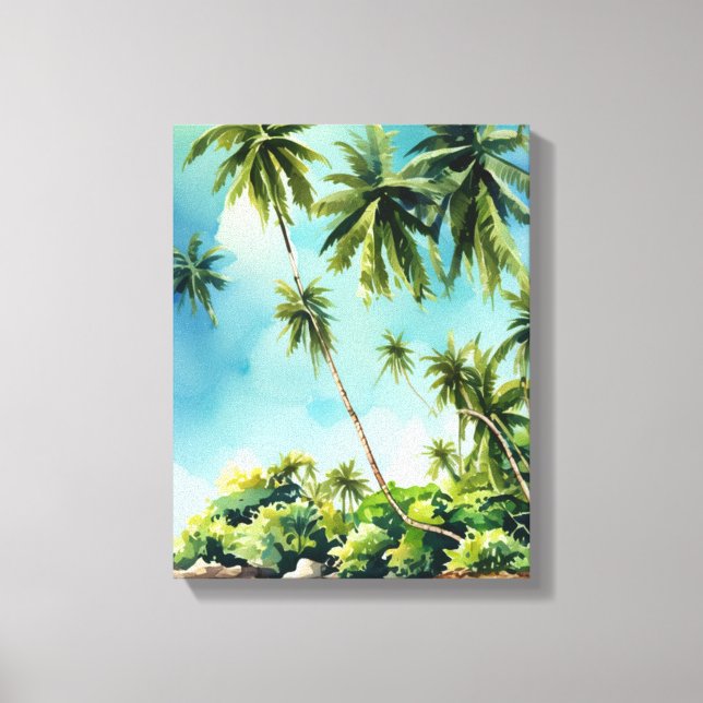 Watercolor Beach Scene with Palm Trees Canvas Print (Front)