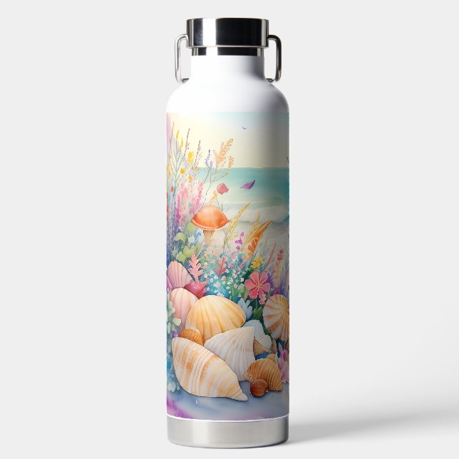 WATERCOLOR BEACH SCENE WITH SEASHELLS WATER BOTTLE (Front)