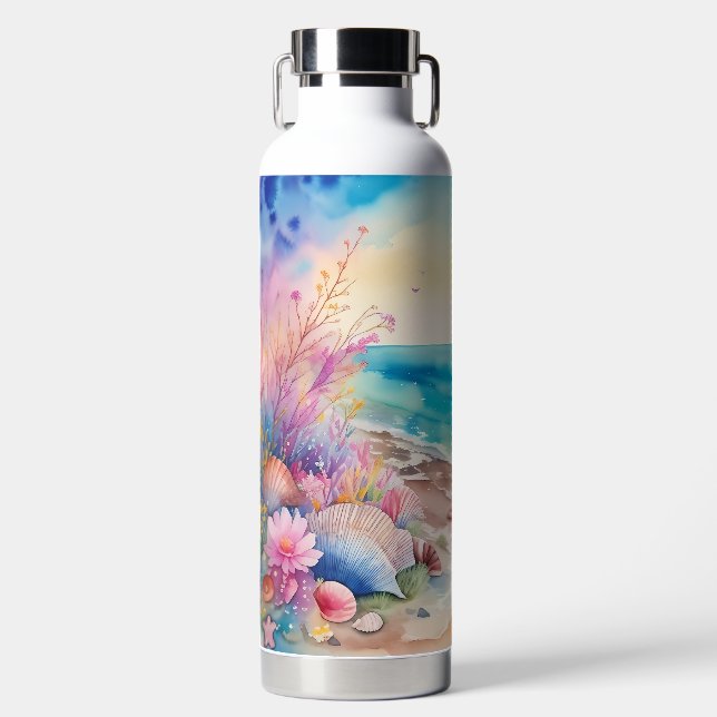 WATERCOLOR BEACH SCENE WITH SEASHELLS WATER BOTTLE (Front)