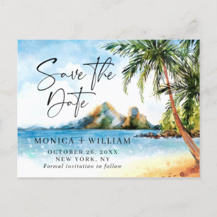 Watercolor Beach Sea Palm Tree Save the Date Postcard