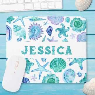 Watercolor Beach Sea Shells and Starfish Monogram Mouse Mat