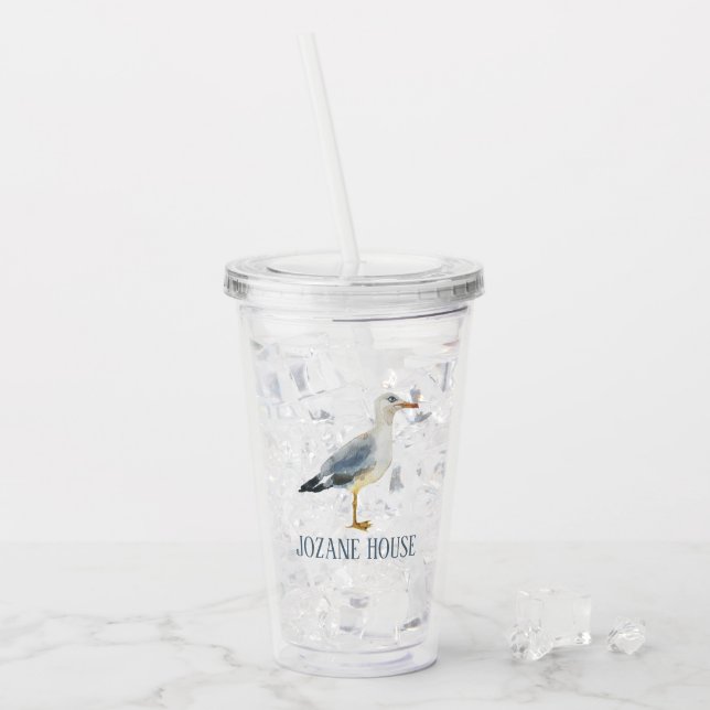 Watercolor Beach Seagull Personalized Acrylic Tumbler (Front Ice)
