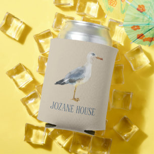Watercolor Beach Seagull Personalized Can Cooler