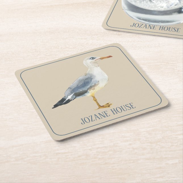 Watercolor Beach Seagull Personalized Square Paper Coaster (Angled)