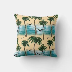 Watercolor beach seamless texture. Palms, seagull, Cushion