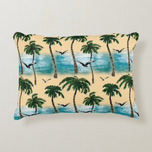 Watercolor beach seamless texture. Palms, seagull, Decorative Cushion